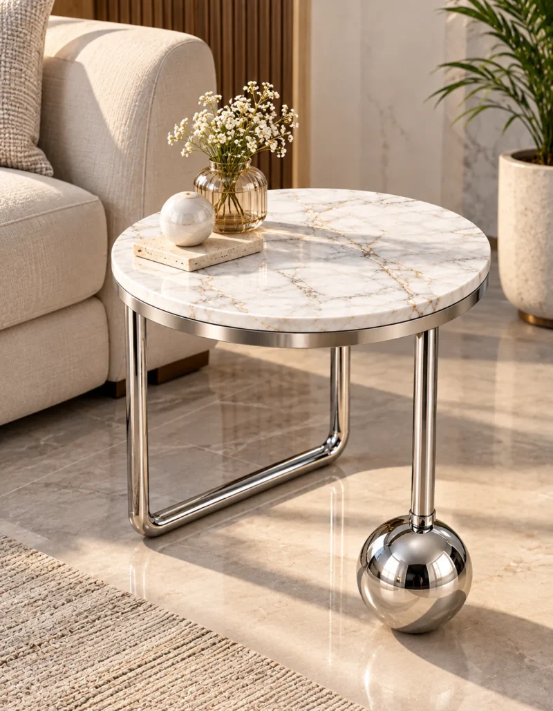 Luxury round marble side table with asymmetric steel support and polished metal ball base next to a sofa