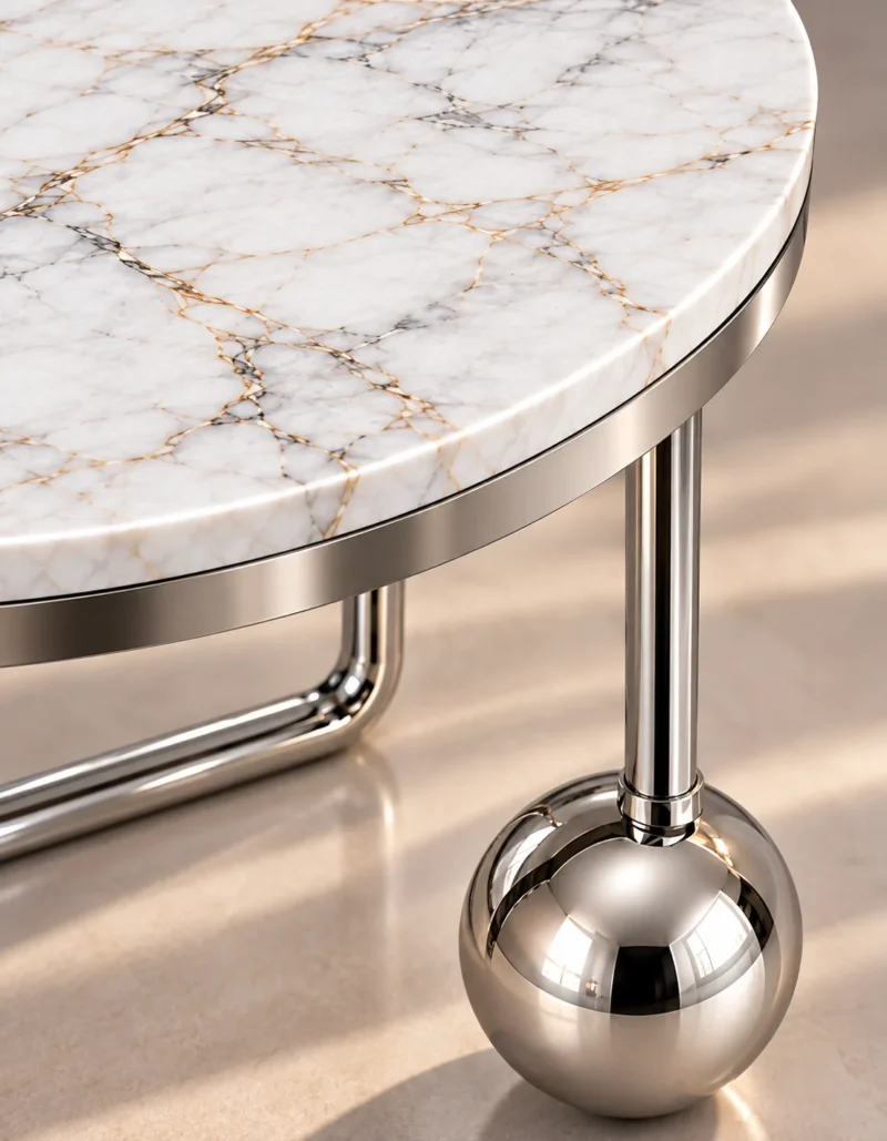 Close-up of white marble tabletop with gold grey veining and reflective silver stainless steel sphere base