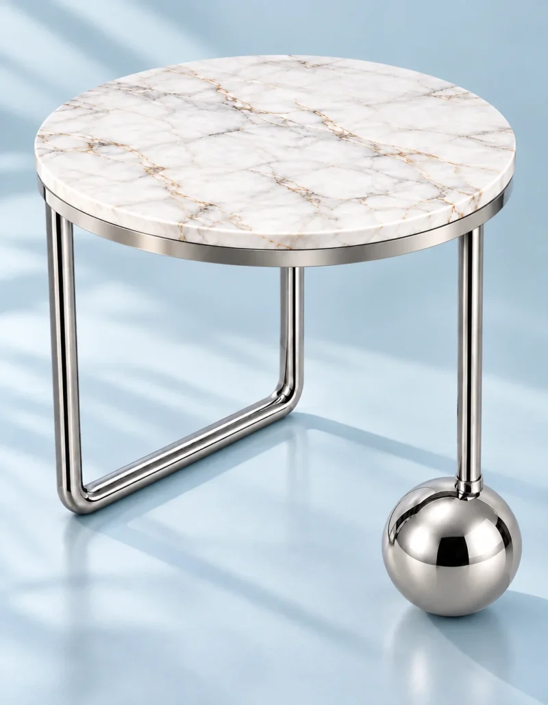 Orviana Luxe silver sphere marble side table with asymmetric stainless steel legs on a light blue background