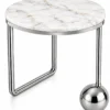 Orviana Luxe round white marble side table with silver sphere and polished stainless steel frame on white background