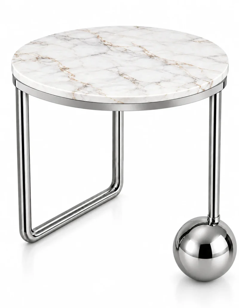Orviana Luxe round white marble side table with silver sphere and polished stainless steel frame on white background