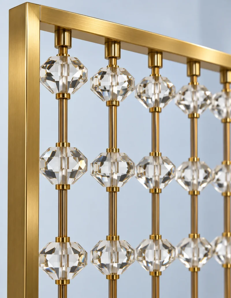 Close-up of clear faceted beads and gold stainless steel partition frame