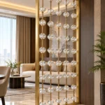 Luxury crystal bead room partition with gold frame in modern living room