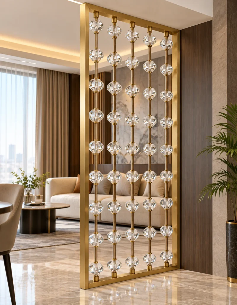 Luxury crystal bead room partition with gold frame in modern living room