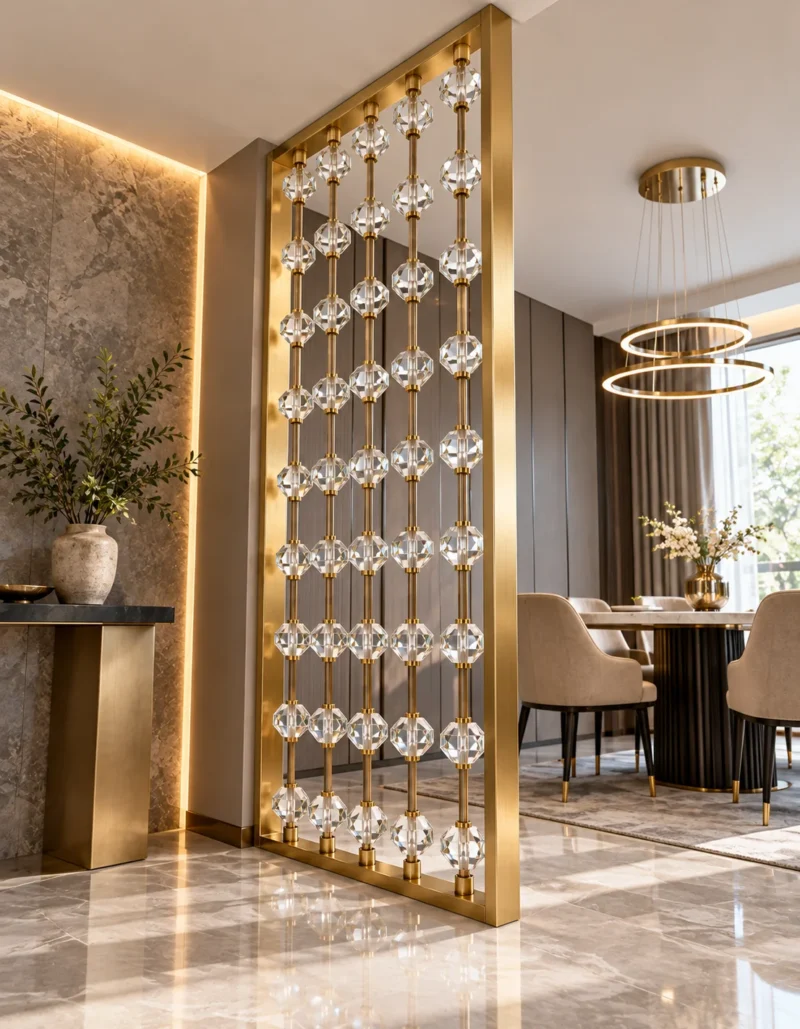 Gold framed crystal bead partition separating modern dining and living areas