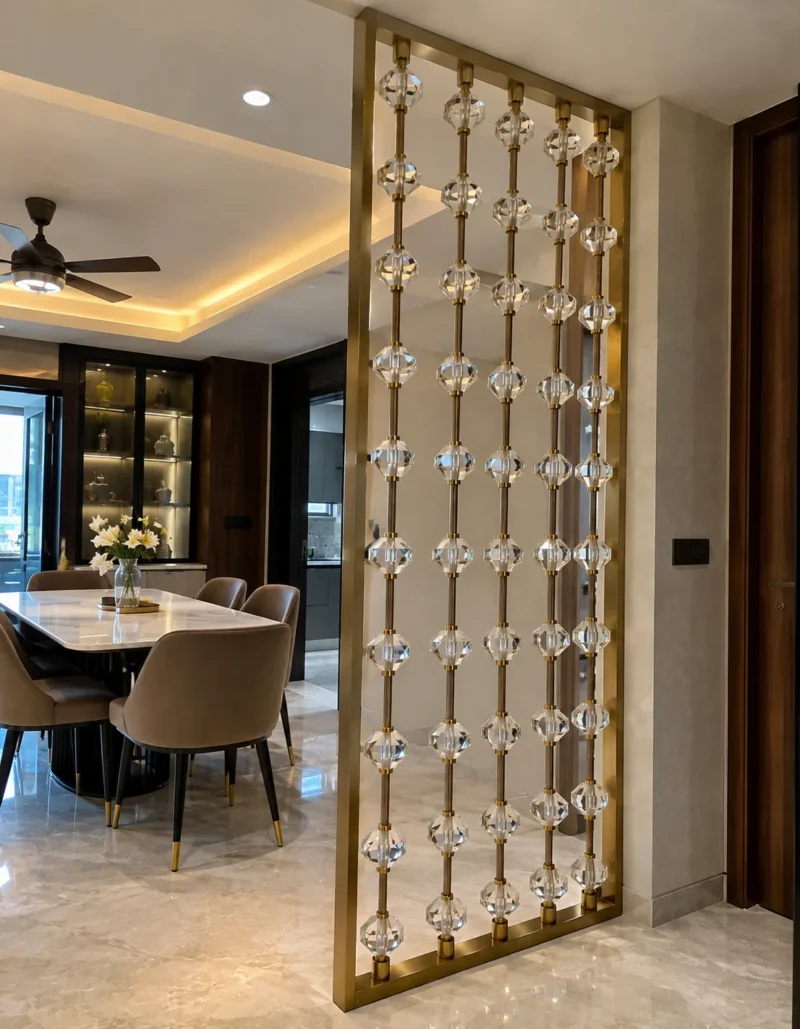 Stainless steel crystal bead room divider beside a contemporary dining room