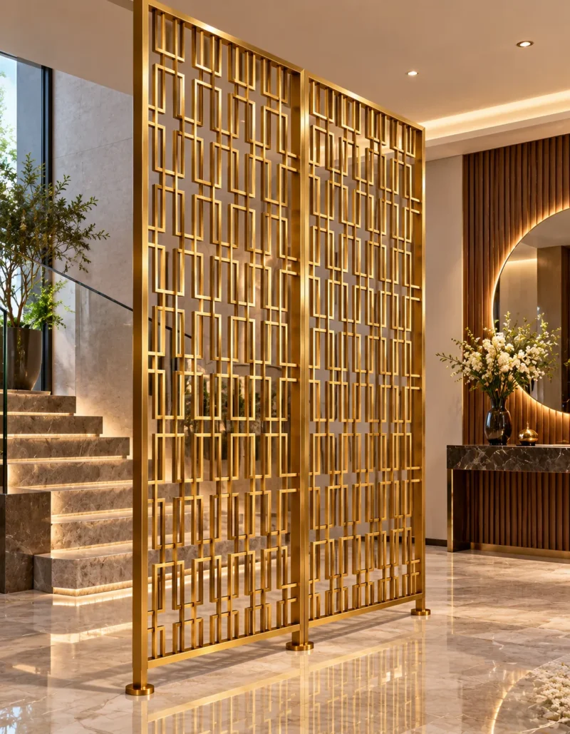 Rectara Luxe decorative metal partition with geometric pattern in luxury foyer