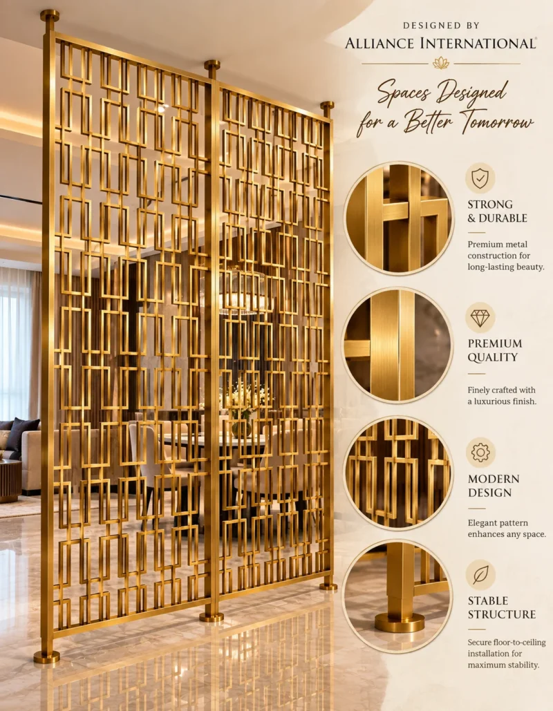 Rectara Luxe geometric metal partition showing stainless steel frame pattern and floor supports