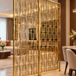 Rectara Luxe geometric stainless steel partition between living and dining areas