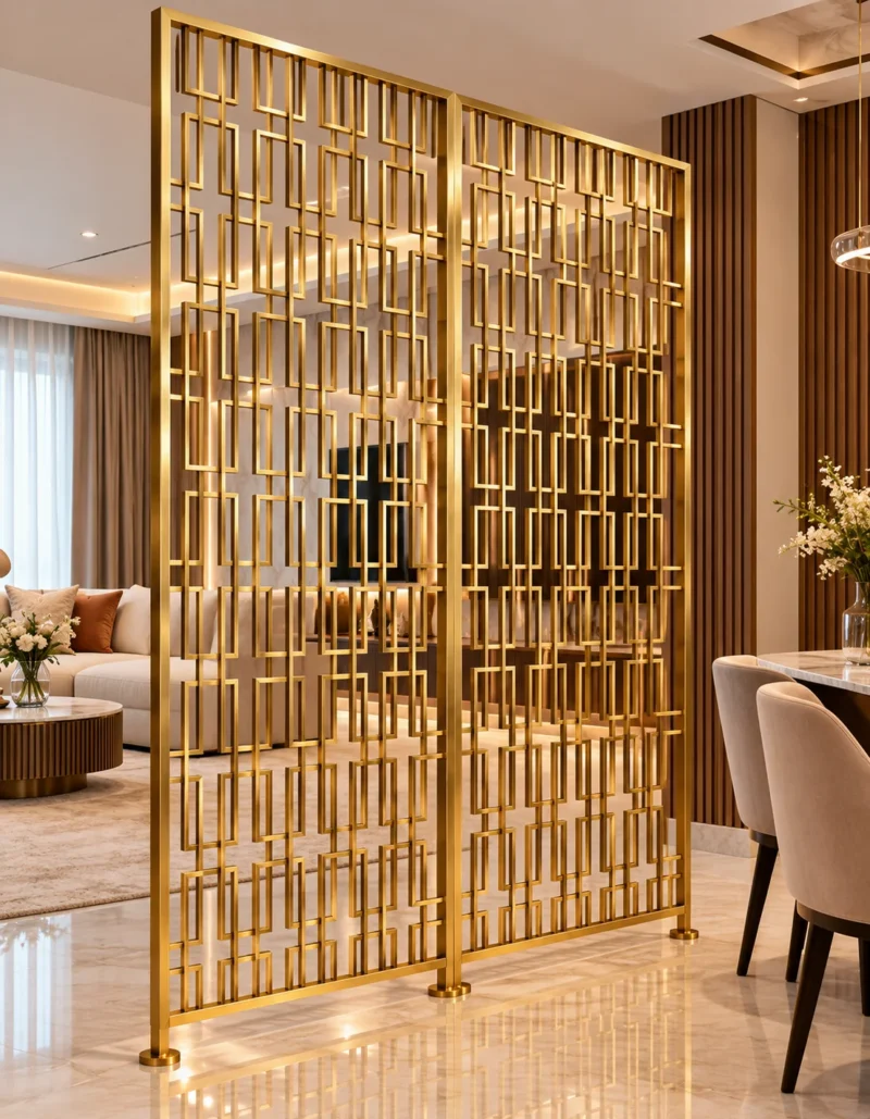 Rectara Luxe geometric stainless steel partition between living and dining areas