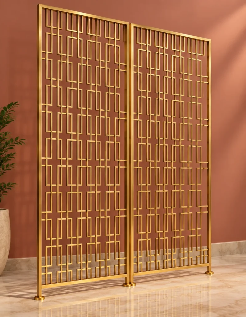 Rectara Luxe gold geometric metal room divider with open rectangular lattice design