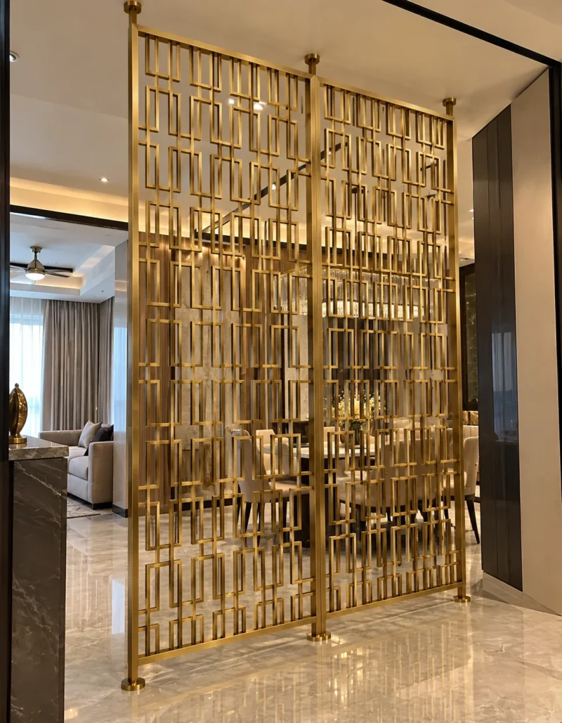Rectara Luxe gold stainless steel room divider in modern luxury interior