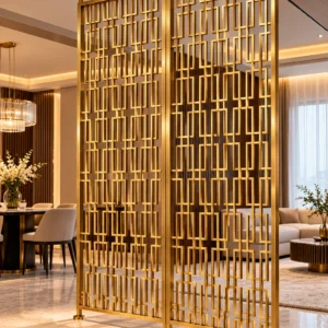 Rectara Luxe two panel geometric room partition with gold stainless steel frame