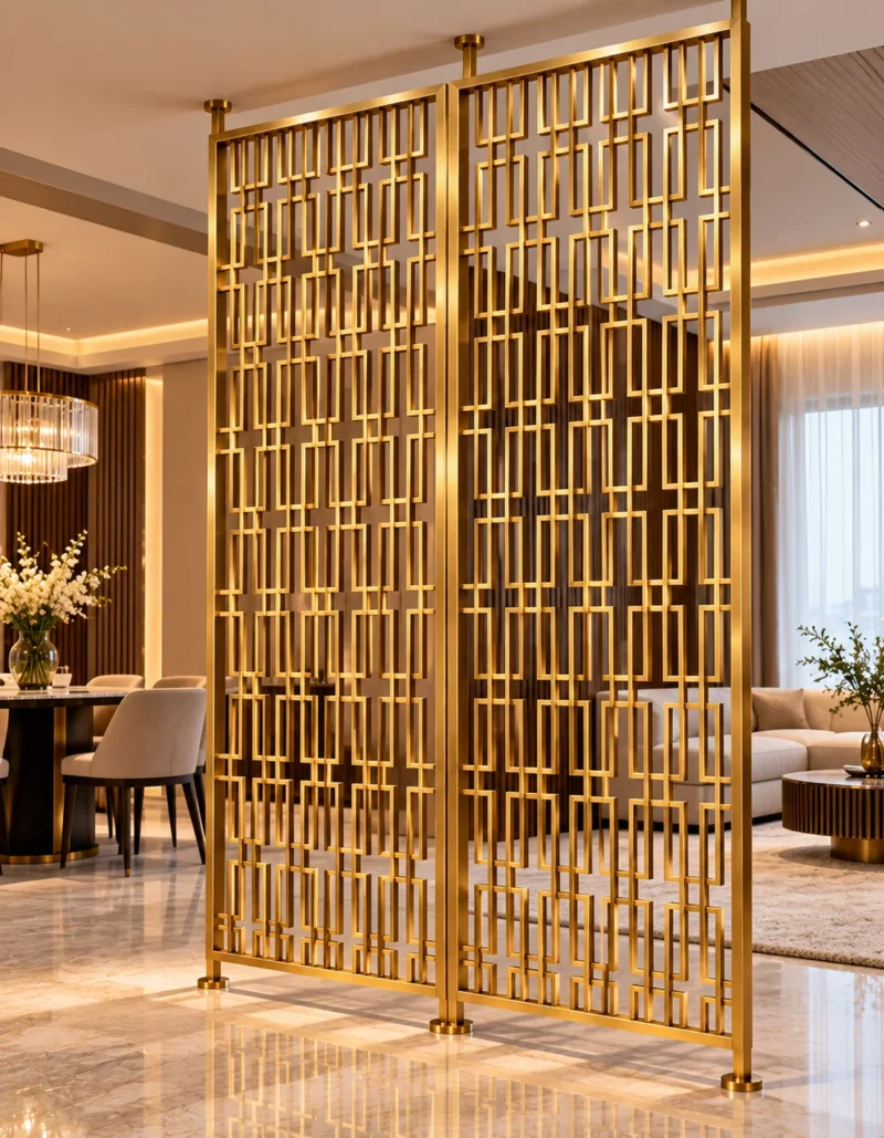 Rectara Luxe two panel geometric room partition with gold stainless steel frame