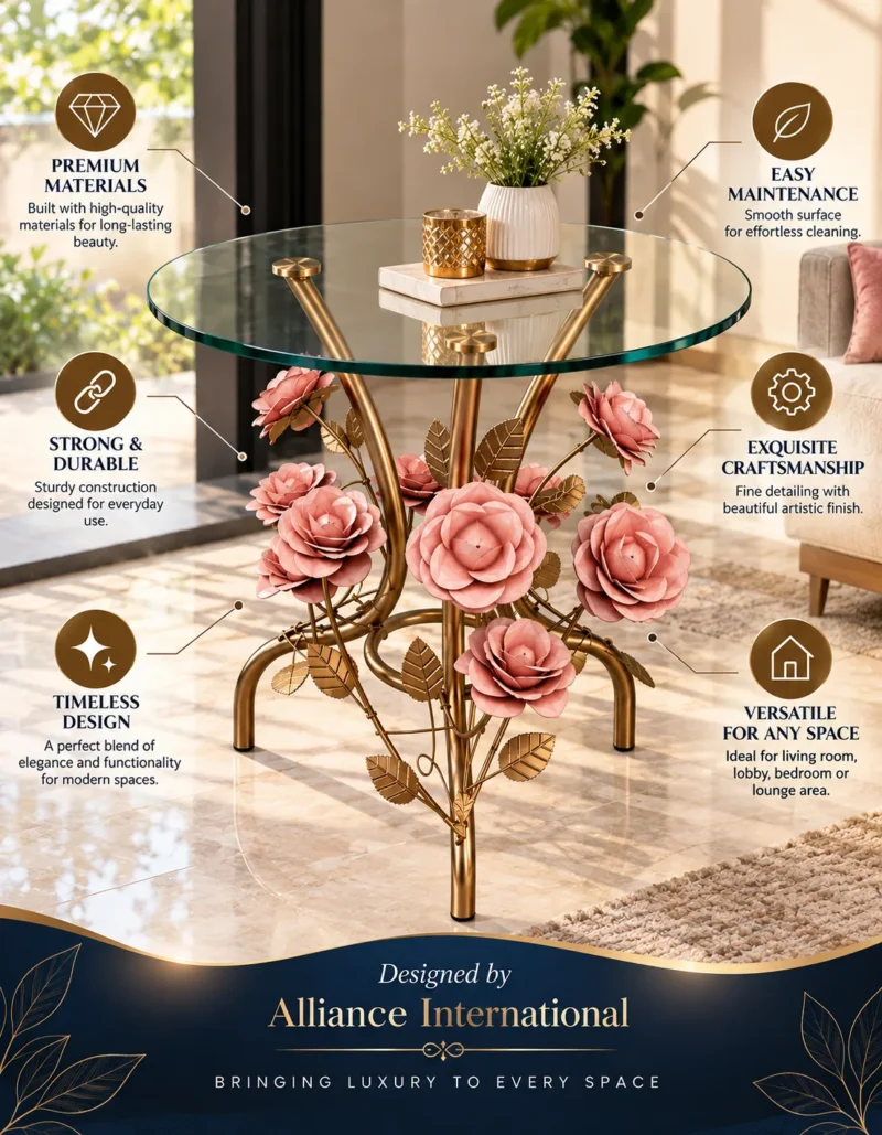 Rosavelle Luxe floral glass side table with gold metal rose base and illustrated premium design features