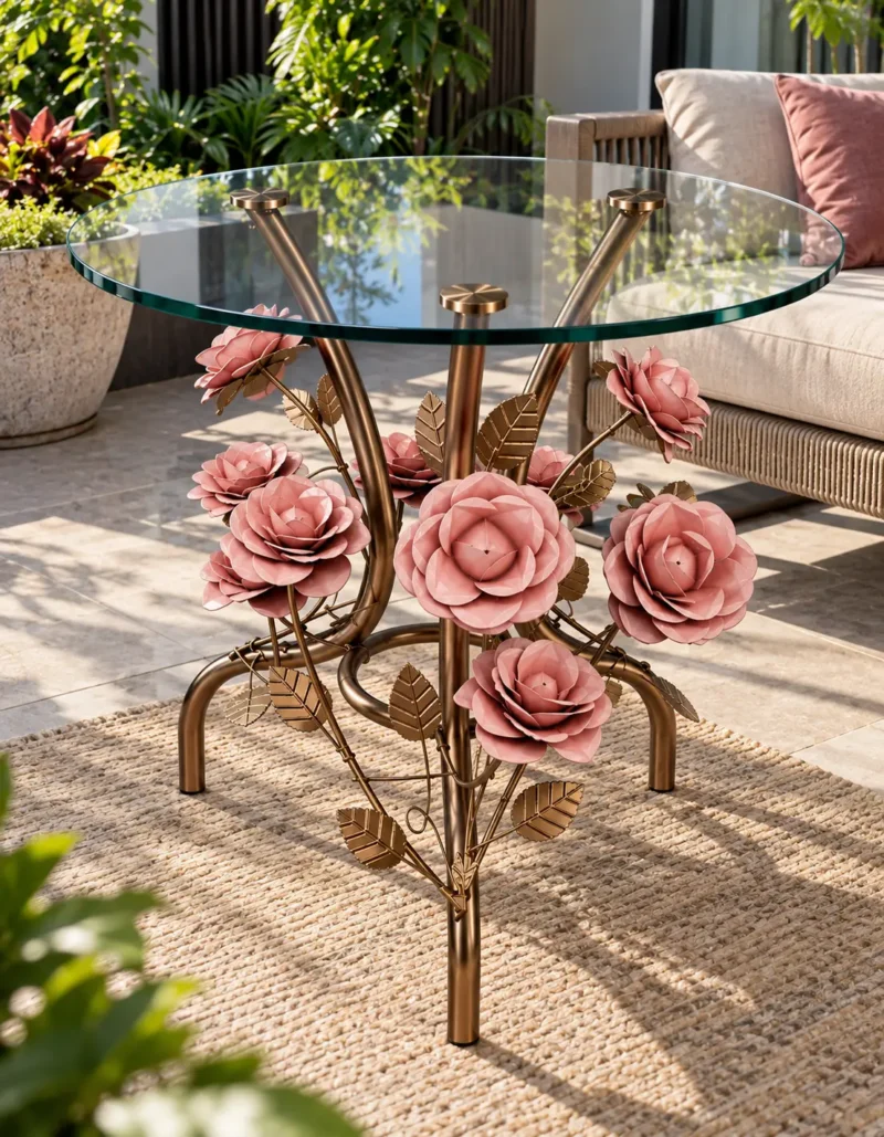 Gold floral glass side table with pink rose sculpture beside a cream sofa in a bright garden-facing lounge