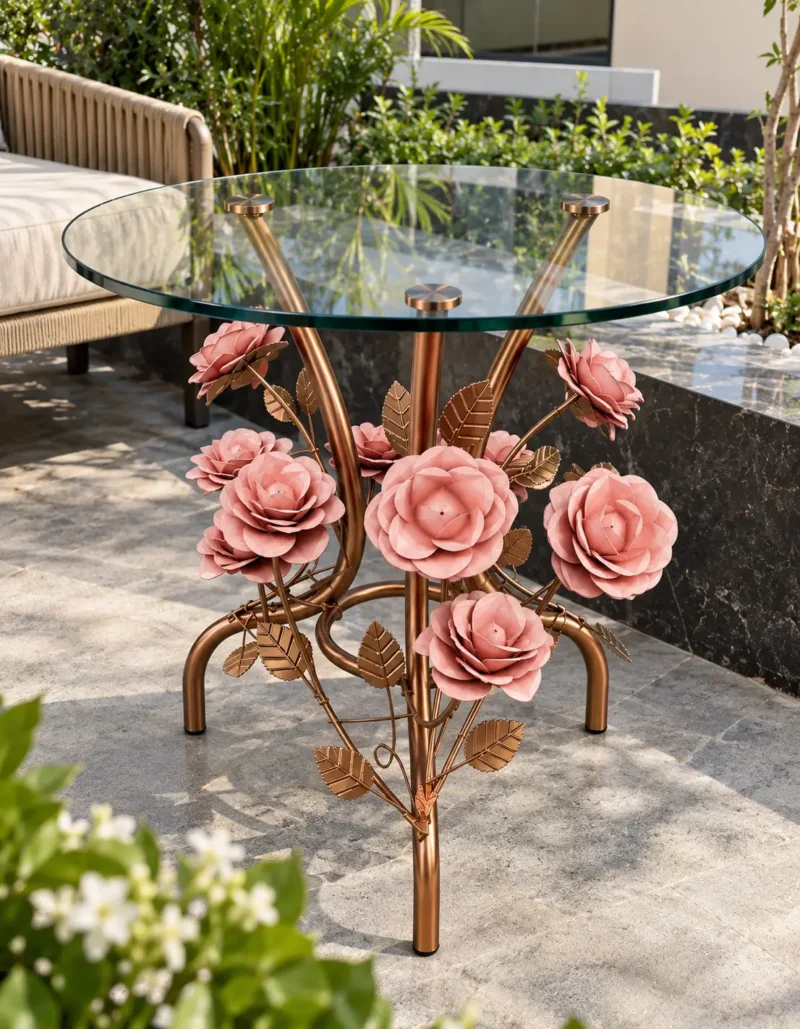 Round transparent glass side table with pink metal roses and bronze-gold floral legs in a sunlit seating area
