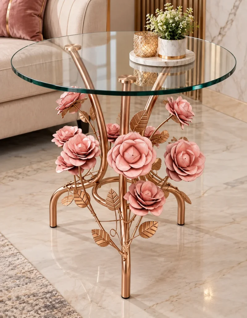 Rose gold floral side table with clear round glass top and sculpted pink flowers beside a luxury sofa