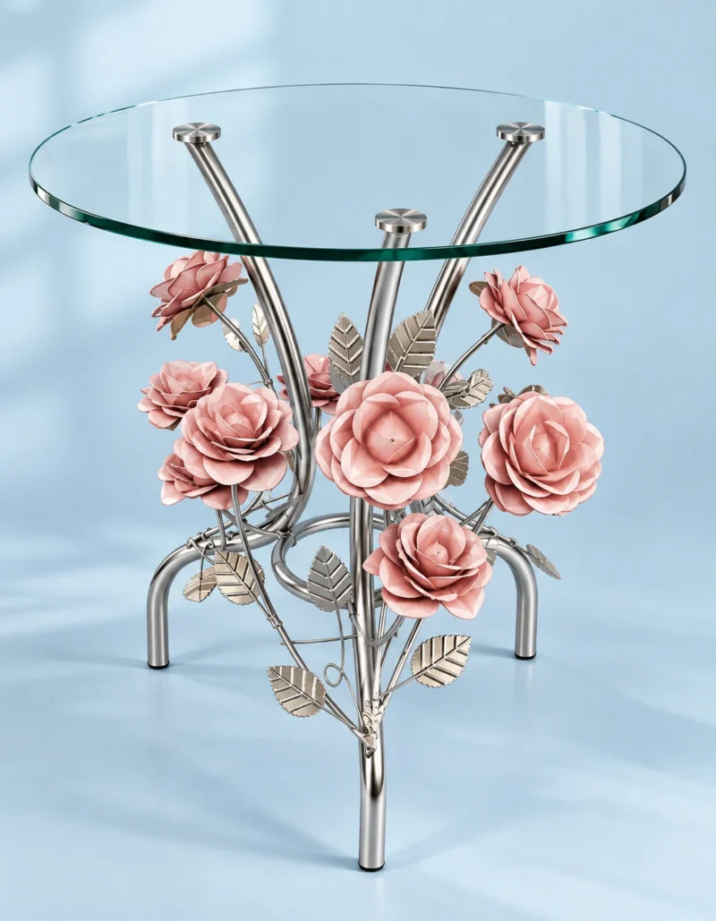 Silver chrome floral glass side table with pink rose decorations and three upward metal supports on blue background