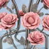 Detailed close-up of pink rose petals, embossed silver metal leaves and curved supports beneath a glass tabletop