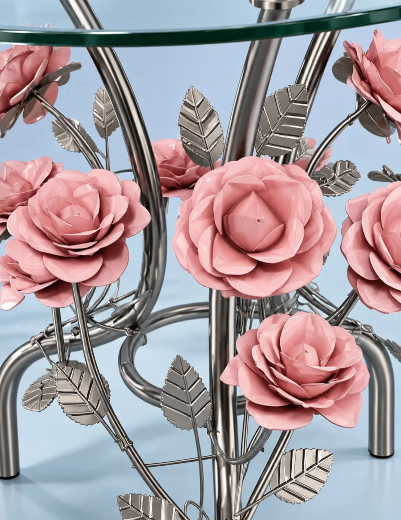 Detailed close-up of pink rose petals, embossed silver metal leaves and curved supports beneath a glass tabletop