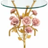 Rosavelle Luxe round glass side table with gold floral metal base and pink roses isolated on white background