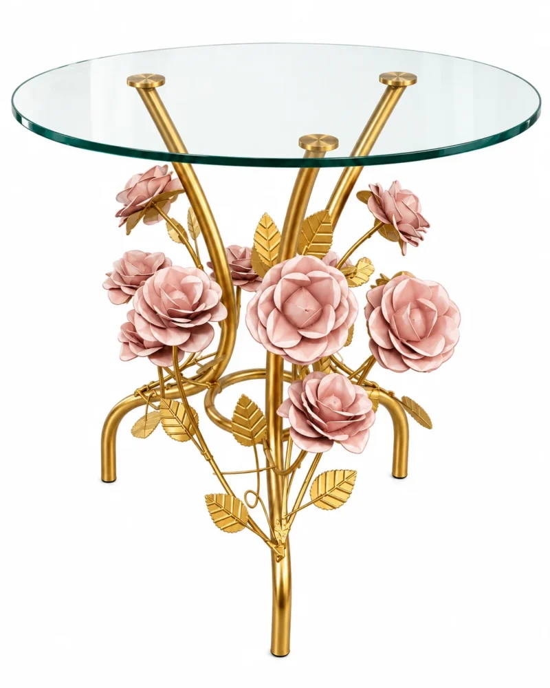 Rosavelle Luxe round glass side table with gold floral metal base and pink roses isolated on white background