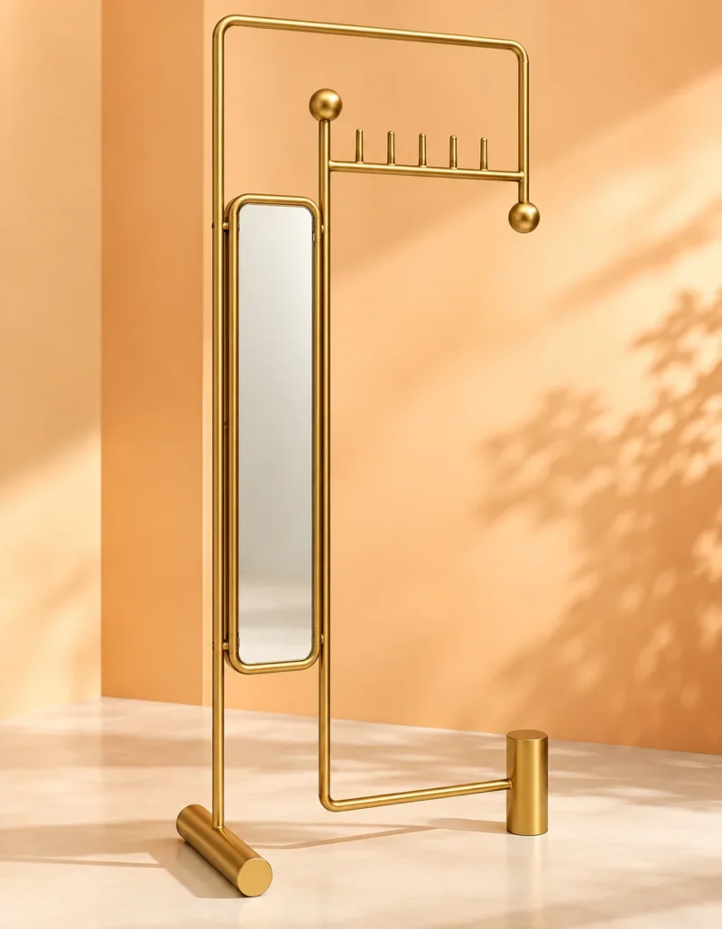 Solvane designer floor mirror with gold frame and accessory hooks