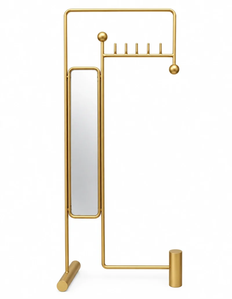 Solvane standing mirror with coat rack and gold stainless steel frame