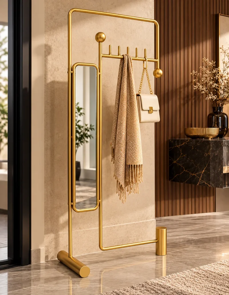 Solvane luxury standing mirror with gold coat rack in modern interior