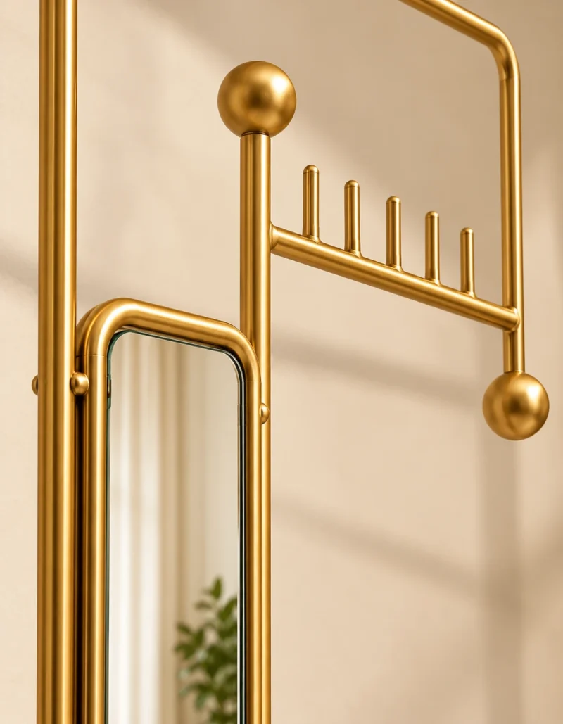 Close view of Solvane gold stainless steel mirror frame and hanging hooks