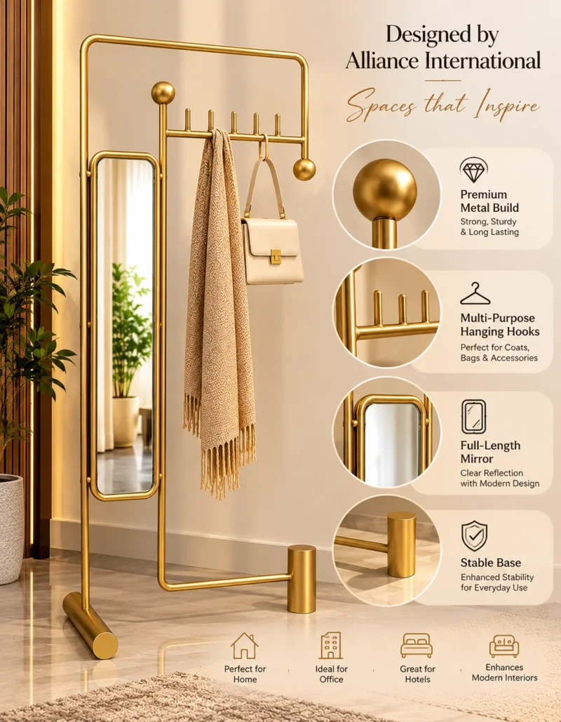 Solvane standing mirror with coat rack showing frame hooks mirror and stable base