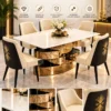 Solviera spiral base marble dining table with six upholstered chairs