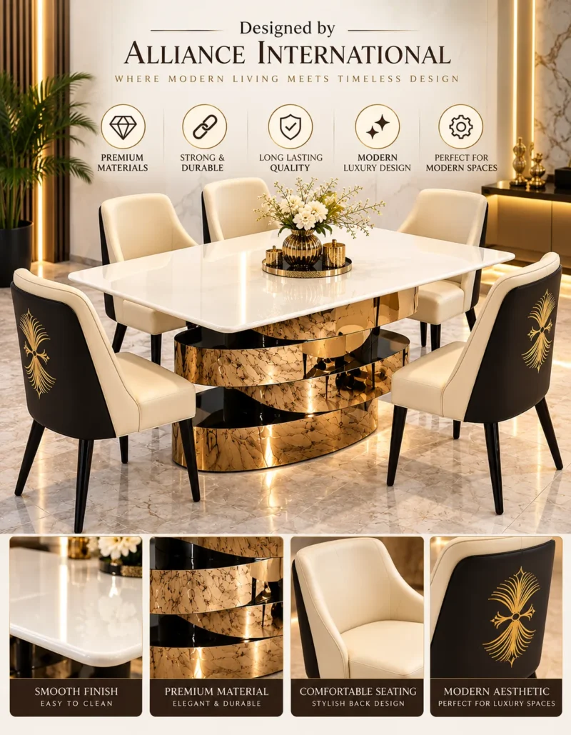 Solviera spiral base marble dining table with six upholstered chairs