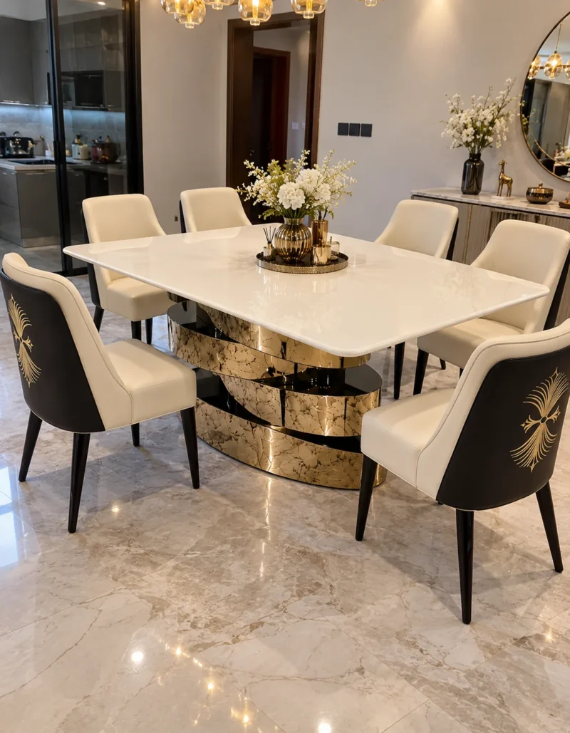 Luxury white marble dining table with gold spiral base and chairs