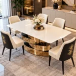6 seater marble dining table with sculptural stainless steel base