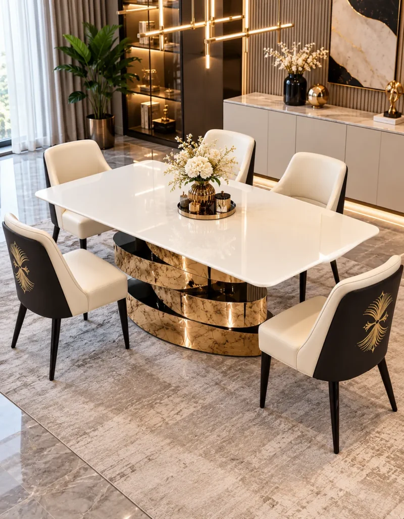 6 seater marble dining table with sculptural stainless steel base
