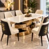 Modern marble dining table set with gold and black sculptural base