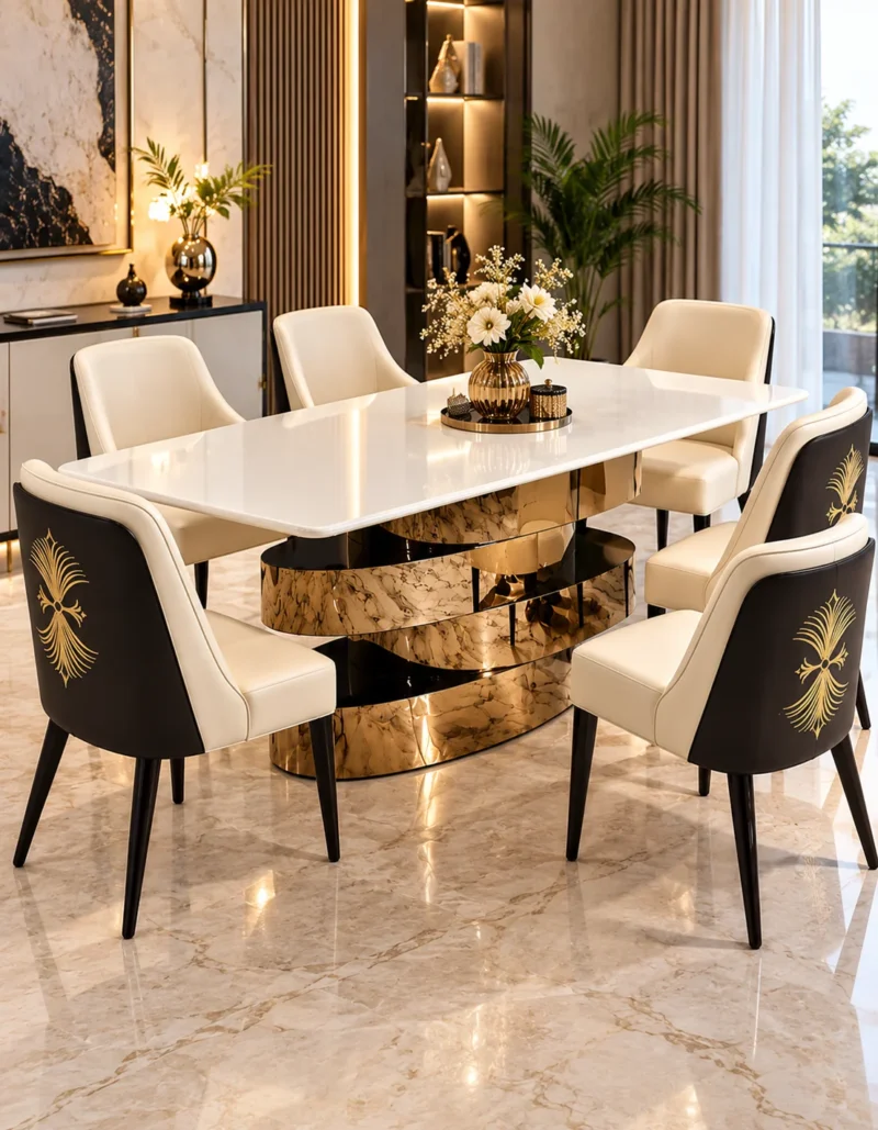 Modern marble dining table set with gold and black sculptural base
