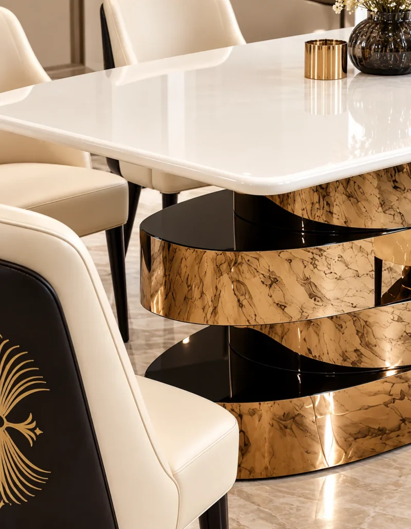 Close up of white marble dining table and gold stainless steel spiral base