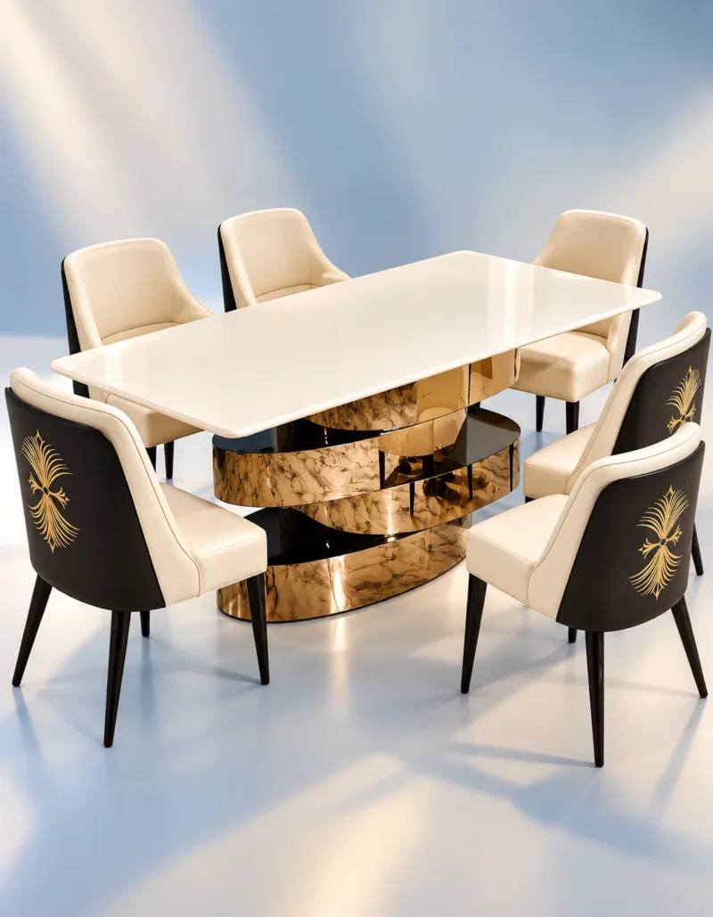 Designer spiral base marble dining table with six cream chairs
