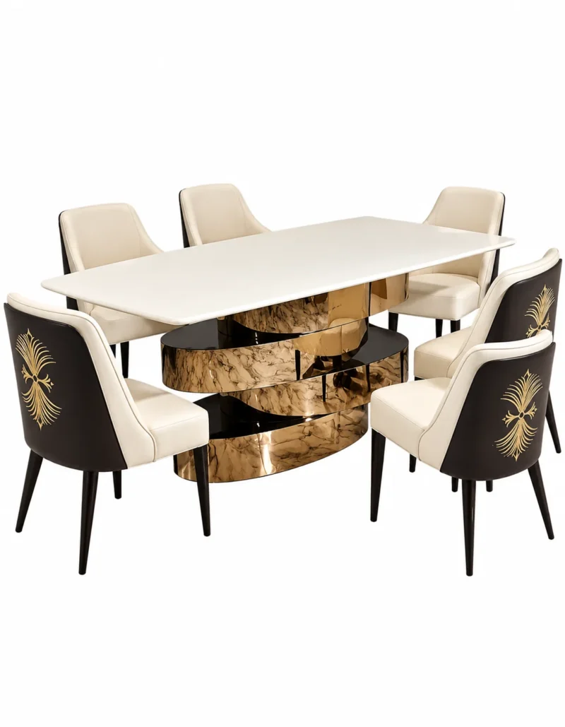 Solviera spiral base marble dining table set on white background