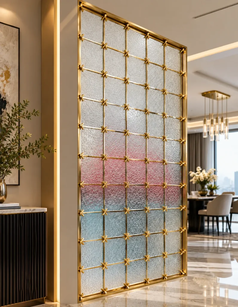 Stella Grid decorative glass room partition with gold geometric frame