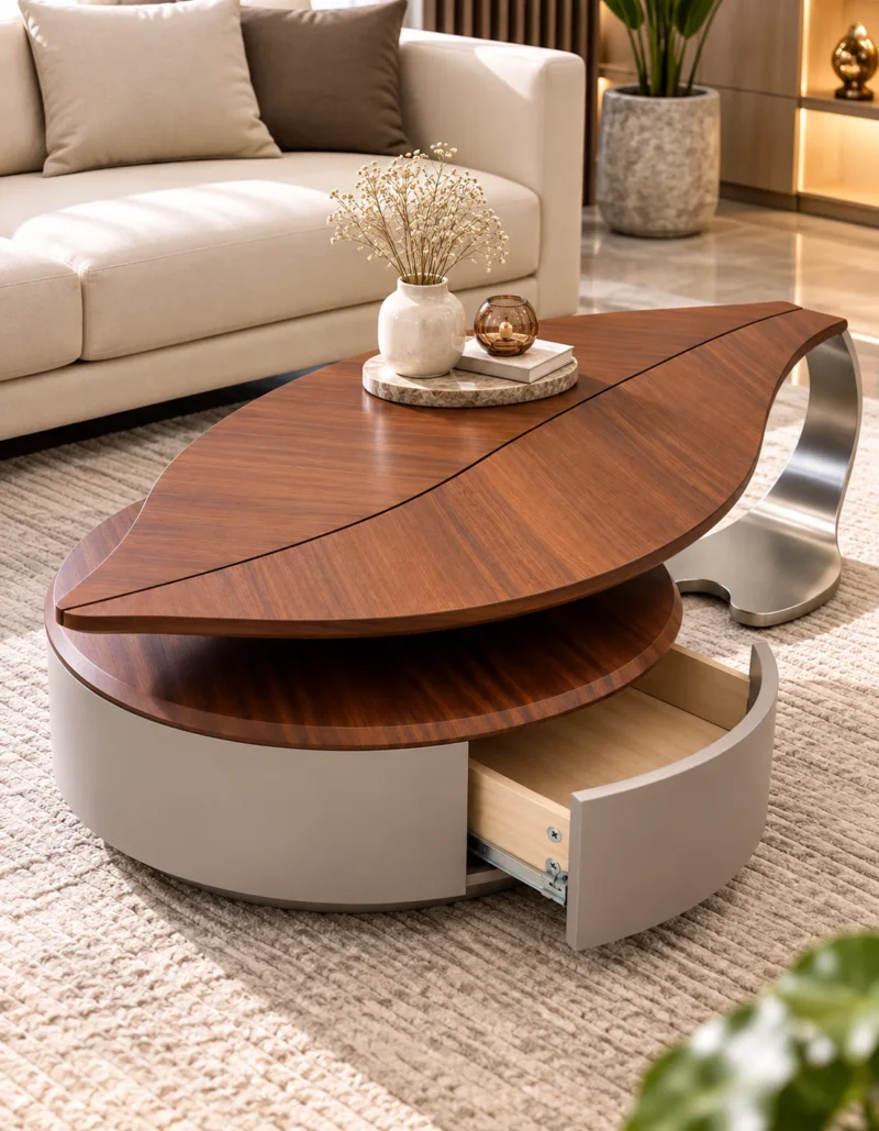 Sylvara leaf centre table with storage drawer in luxury living room