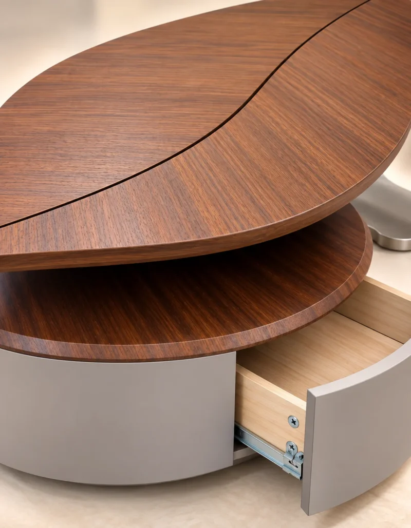 Close view of Sylvara leaf centre table drawer and layered design