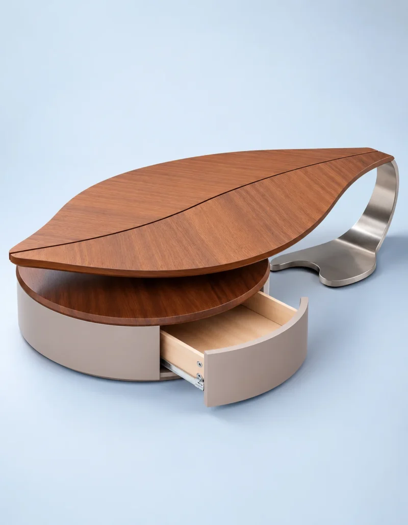Sylvara sculptural leaf centre table with drawer and stainless steel detail