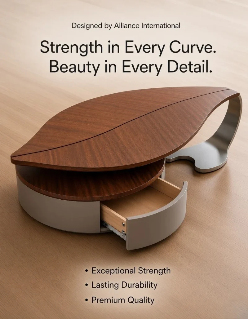Sylvara designer leaf centre table with curved storage drawer