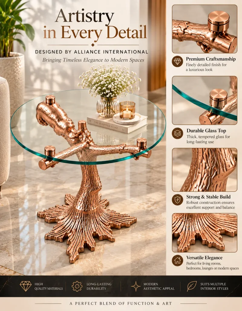 Sylvara Luxe rose gold tree branch glass side table feature showcase with sculptural bear and root-shaped base