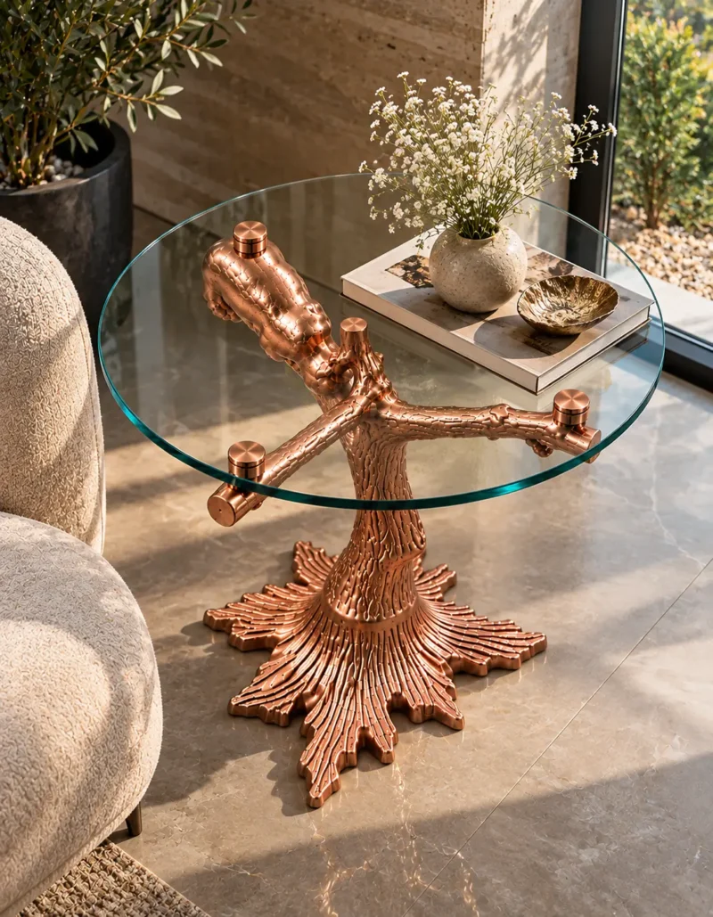 Rose gold tree branch glass side table with decorative bear sculpture displayed beside a cream accent chair