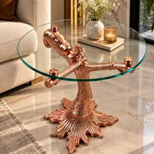 Round glass luxury side table with rose gold bear and tree branch base styled beside a beige sofa